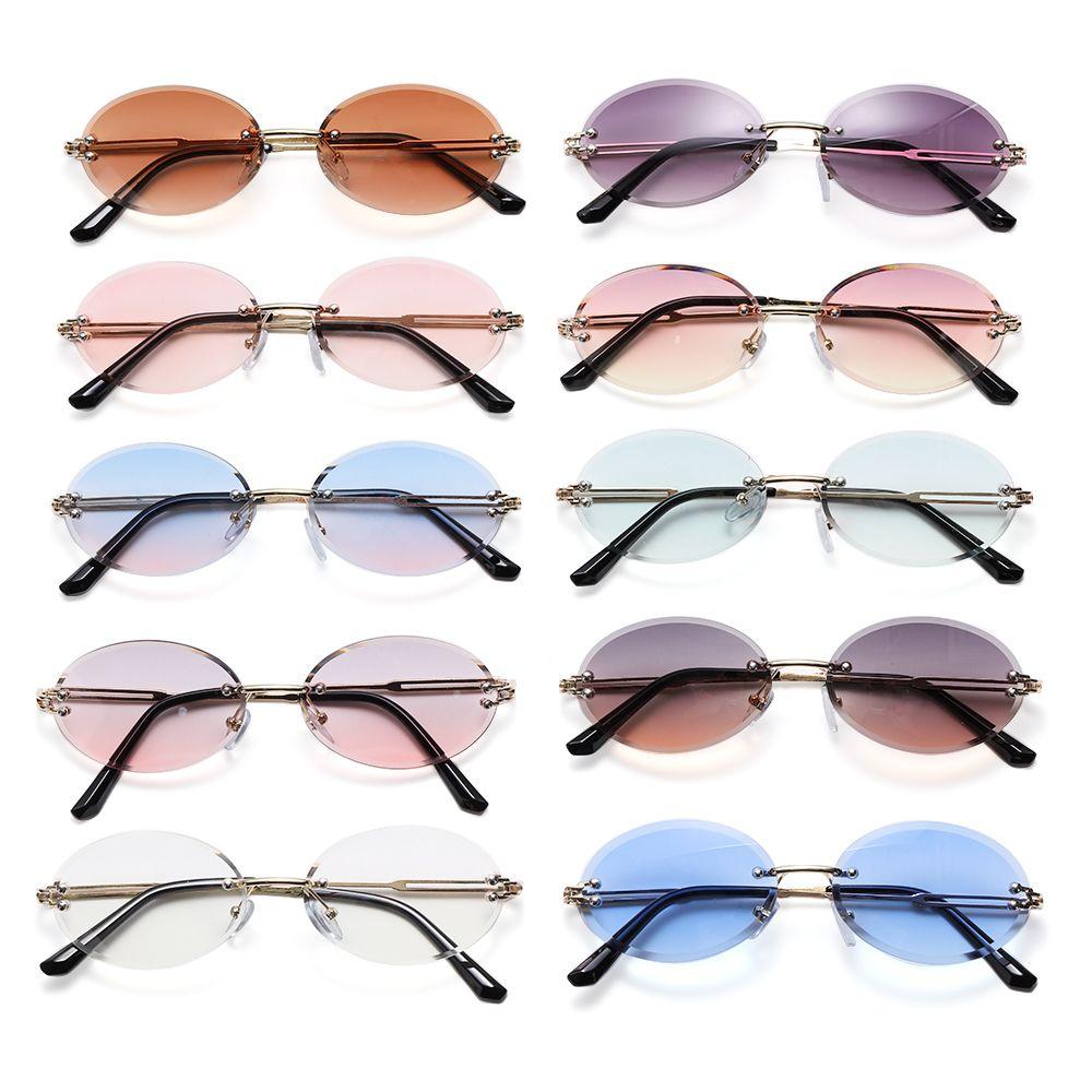 Frameless Rimless Tinted Eyewear Vintage Sunglasses Oval Sunglasses Diamond Cutting Lens Shades