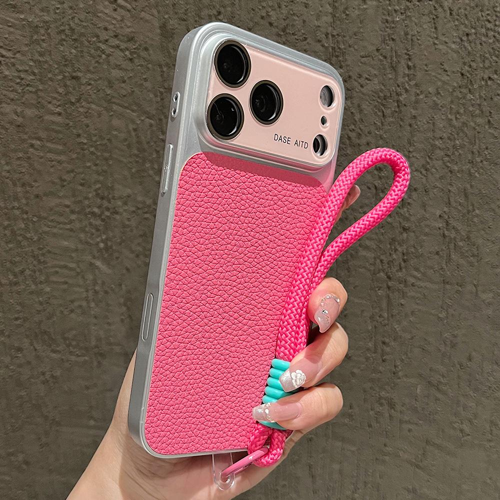 Кожаный чехол для телефона с узором личи для iPhone 17 16 15 14 13 Pro Max, окошко для камеры, ремешок на запястье, чехол с ремешком
