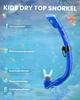 OutdoorMaster Kids Dry Top Snorkel Set Food Grade Silicone Leakproof Mask Adjustable Fins with Mesh Bag 6-16