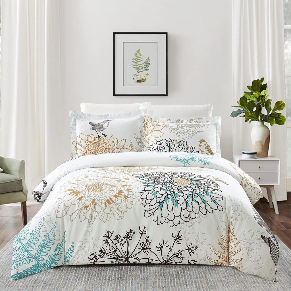 White Leaf Three-piece Quilt Cover Digital Printing Bedding Set Simple Flower Bed Cover