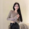Gray Long-sleeved Knitted Sweater Women's Inner Slim-fitting Short Open-button Tight Bottoming Shirt Top Tide