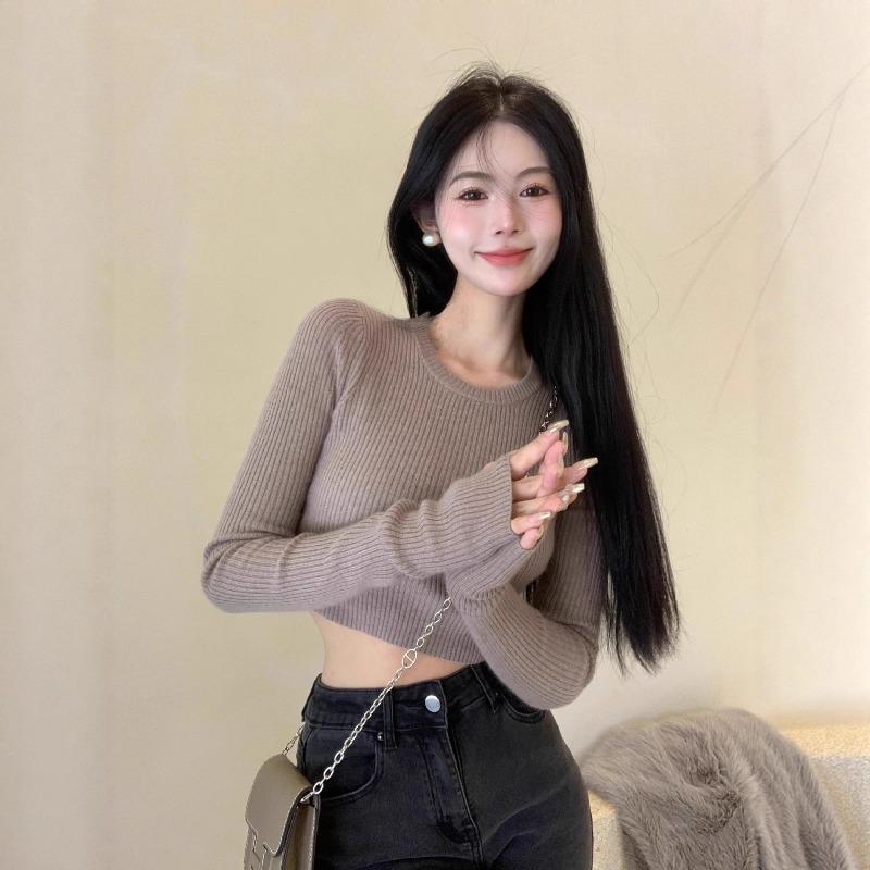 Gray Long-sleeved Knitted Sweater Women's Inner Slim-fitting Short Open-button Tight Bottoming Shirt Top Tide