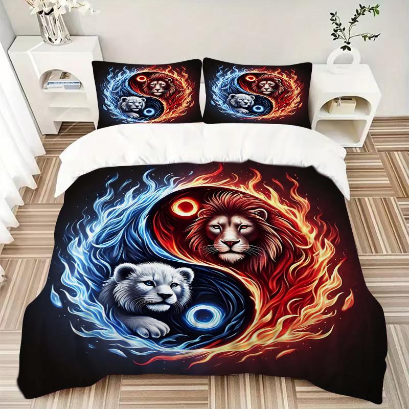 3pcs Yin Yang Lions Pattern Bedding Set, 1* Cover + 2*Pillowcases, Printed Bedding Set, Soft and Comfortable, Suitable for Bedroom and Guest