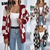 Autumn and Winter Color-blocking Checkered Lantern Sleeve Cardigan Sweater Mid-length Coat Women's Wear