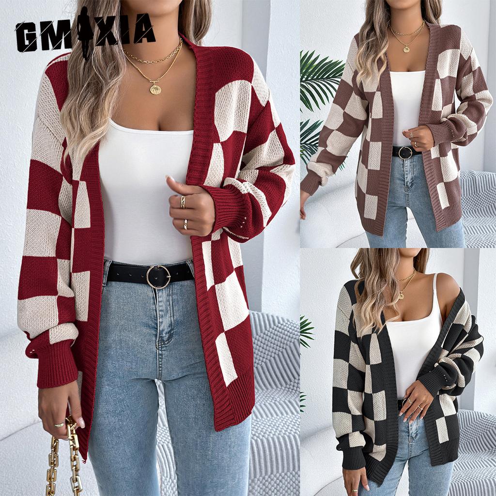 GMXIA Autumn and Winter Color-blocking Checkered Lantern Sleeve Cardigan Sweater Mid-length Coat Women's Wear