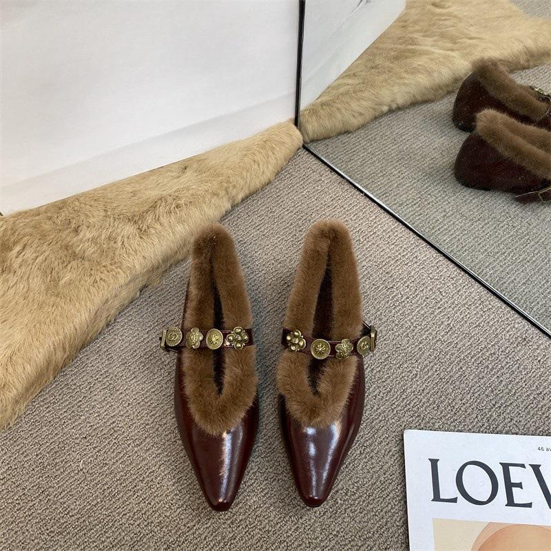 Туфли Мэри Джейн из кожи с металлической пряжкой, пушистые туфли, французские остроносые ретро-бархатные женские теплые туфли из хлопка