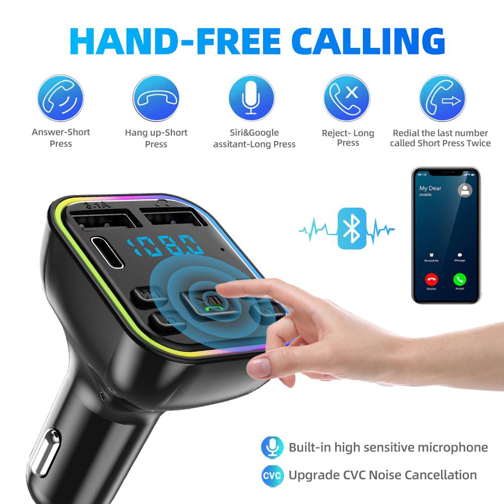Car Bluetooth FM Transmitter PD Dual USB 3.1A Fast Charger Adapter Colorful Ambient Light Handsfree MP3 Modulator Player