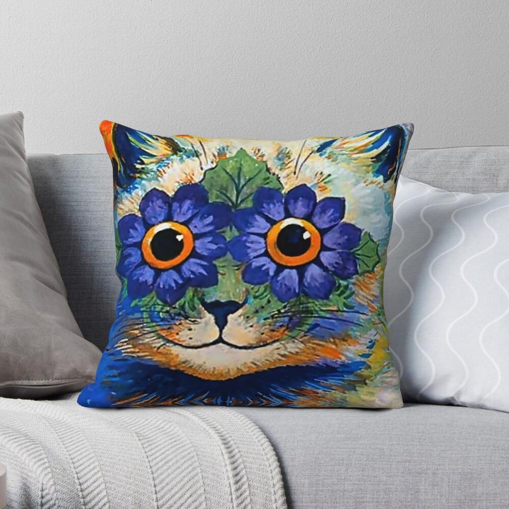 Louis Wain Cat With Blue Petals Square Pillowcase Polyester Linen Velvet Pattern Decorative Throw Pillow Case Sofa Cover x