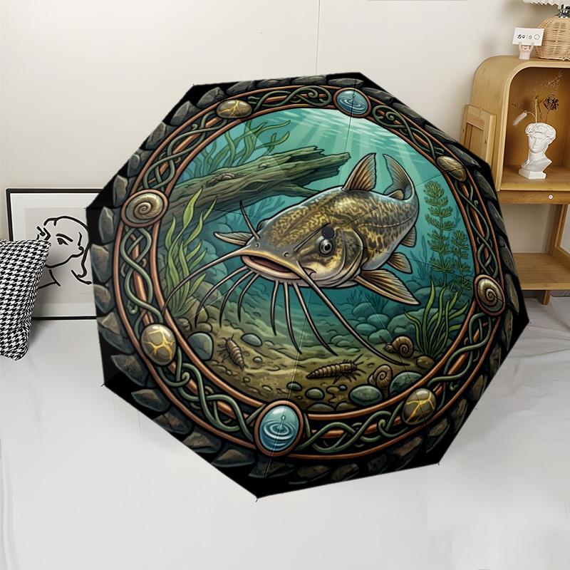 Underwater Catfish Scene pattern umbrella, portable and foldable design, 8 ribs, a casual accessory for Halloween, Christmas, and birthday gifts.