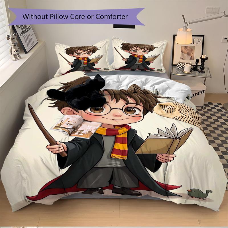 3pcs Harry Potter with Wand and Book Bedding Set - Includes 1 Quilt Cover and 2 Pillowcases, Comfortable Bedding with Stylish Design for Bed