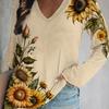 Sunflower Print Long Sleeve V Neck T-shirt T-shirts with Casual Style for Spring Comfortable Women's