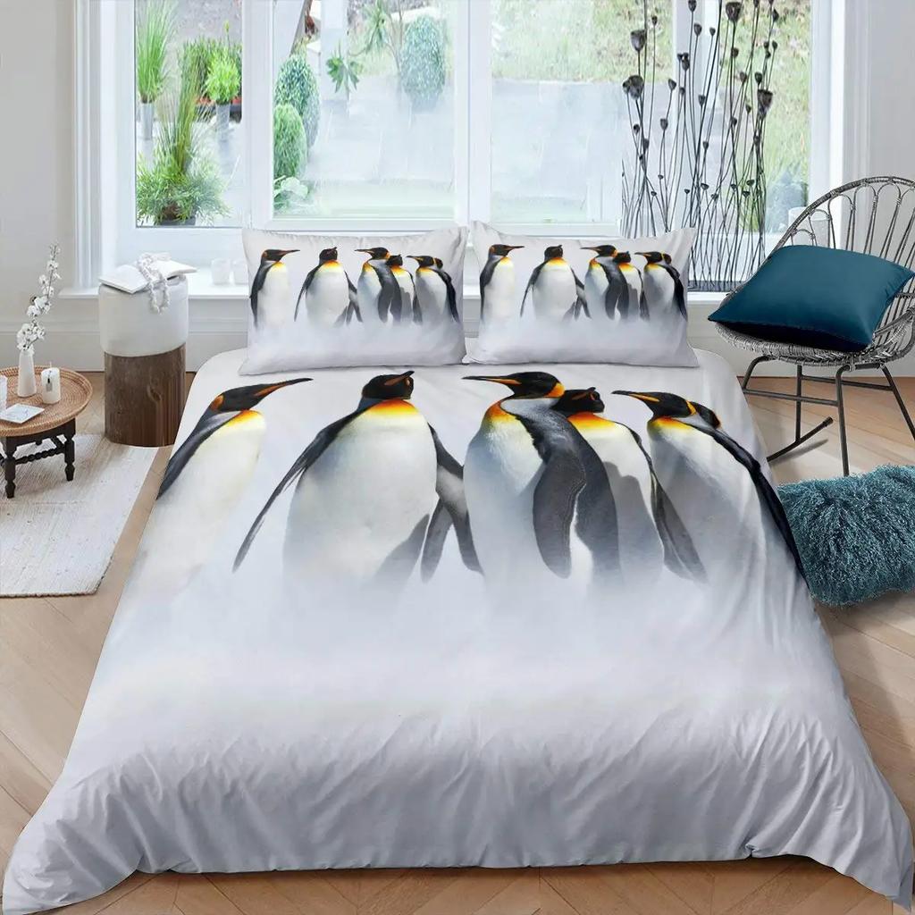 Penguin Duvet Cover Set Antarctic Animals Bedding Set For Kids Boys Girls Cartoon Style King Size Winter Theme Comforter Cover