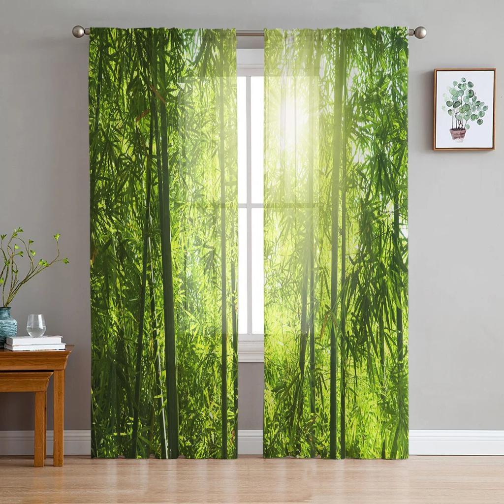 Bamboo Watercolor Painting Tulle Curtains For Living Room Bedroom Voile Curtain Home Decoration Sheer Balcony Door Curtain