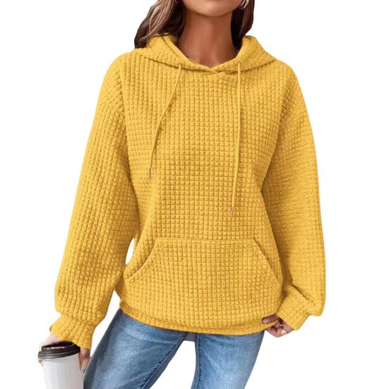 Осень-зима, женская однотонная толстовка с накладным карманом, цветная, свободная, на шнурке, с капюшоном, большая, толстая, теплая, с длинным рукавом, вафельная