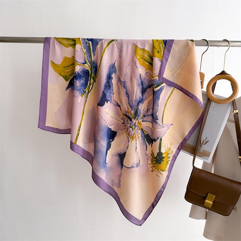 Soft Color Leaf Shadow Simulation Silk Printing Large Square Scarf Silk Scarf 90 Shawl Head Scarf Neck Protection Scarf Decorative Scarf