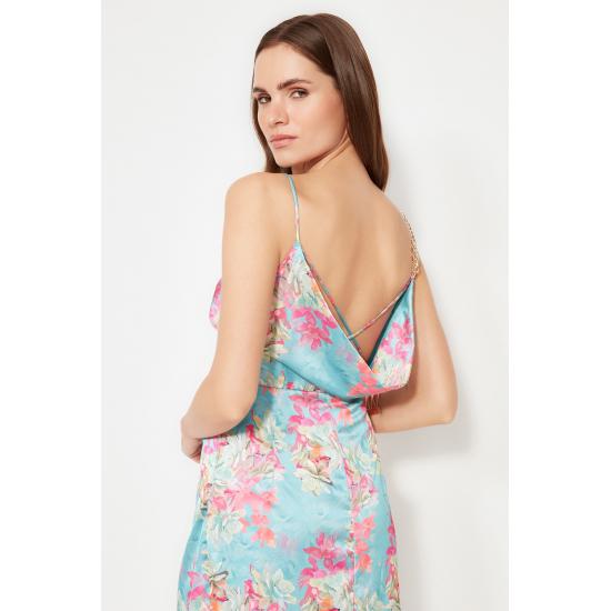 Multi Colored Floral Printed Satin Dress