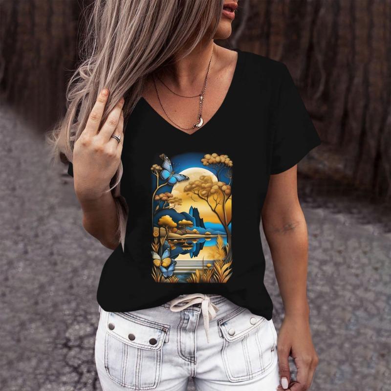 European and American Women's V-neck T-shirt Personalized Cartoon Cat Pattern 3D Printed Short Sleeve Fashion Trend Top