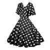 Women Evening Dress Retro Color Matching Dot Print A-line V Neck Big Swing Short Ruffle Sleeves Tight High Waist Back Zipper Party Prom Midi Dress