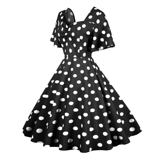 Women Evening Dress Retro Color Matching Dot Print A-line V Neck Big Swing Short Ruffle Sleeves Tight High Waist Back Zipper Party Prom Midi Dress