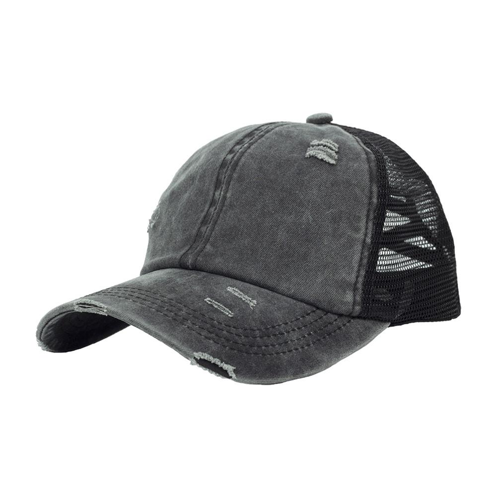 Women Cross Ponytail Baseball Cap Mesh Adjustable Outdoor Sports Washed Distressed Peaked Cap