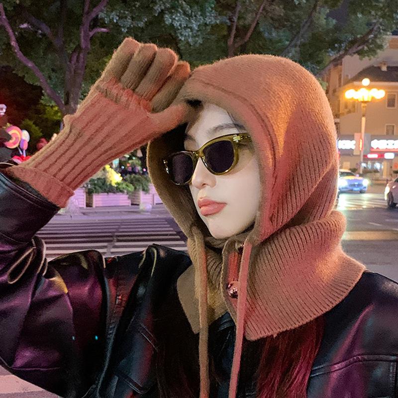 One-piece Solid Color Drawstring Hooded Scarf, Windproof Winter Beanie Hat & Scarf Set