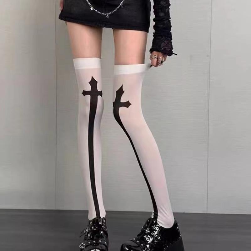 1 Pair of Cross Long Tube JK Socks Printed Knee Length Socks Velvet Material Performance Cos Stockings Stockings