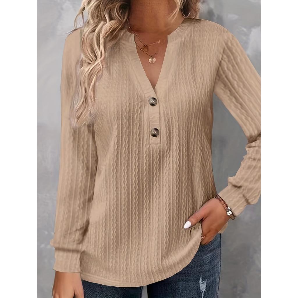 Autumn and Winter Women's Long Sleeved Solid Color V-neck Button T-shirt Top