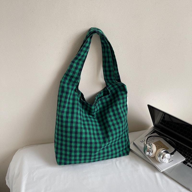 Japanese Retro Red Plaid Canvas Bag Women's 2025 New Lazy Wind Commuter Tote Bag Student Shoulder Armpit Bag