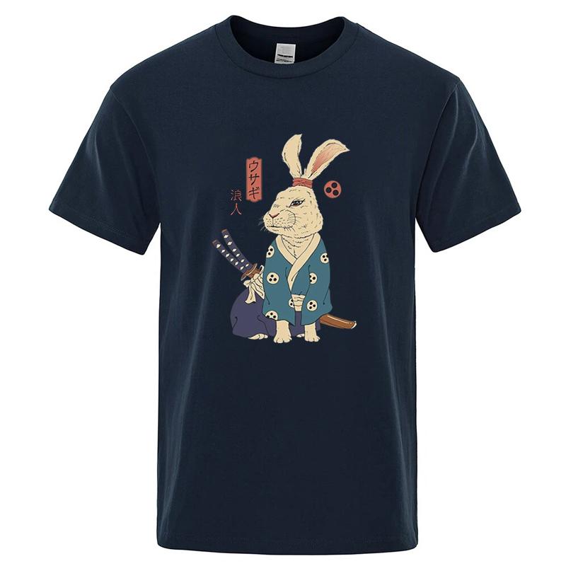 Cotton Blend Short Sleeve Tee Japanese Ukiyoe Samurai Rabbit Print Casual Streetwear Unisex Summer Top Gift For Lovers Unisexunisex