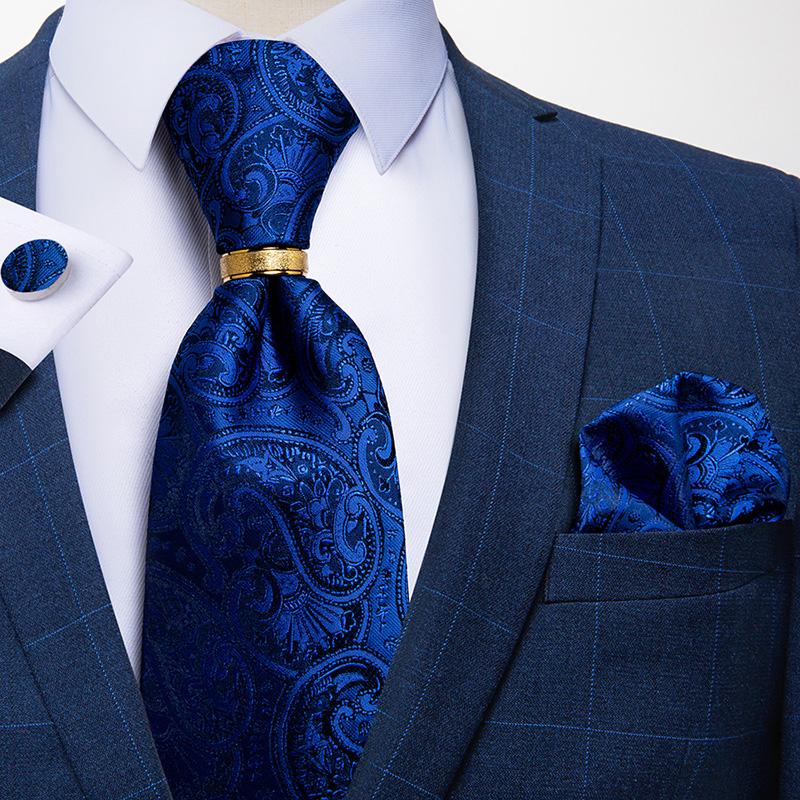 Mens Ties Set with Ring Special Design Business Silk Tie Handkerchief Cufflinks Set for Formal Party