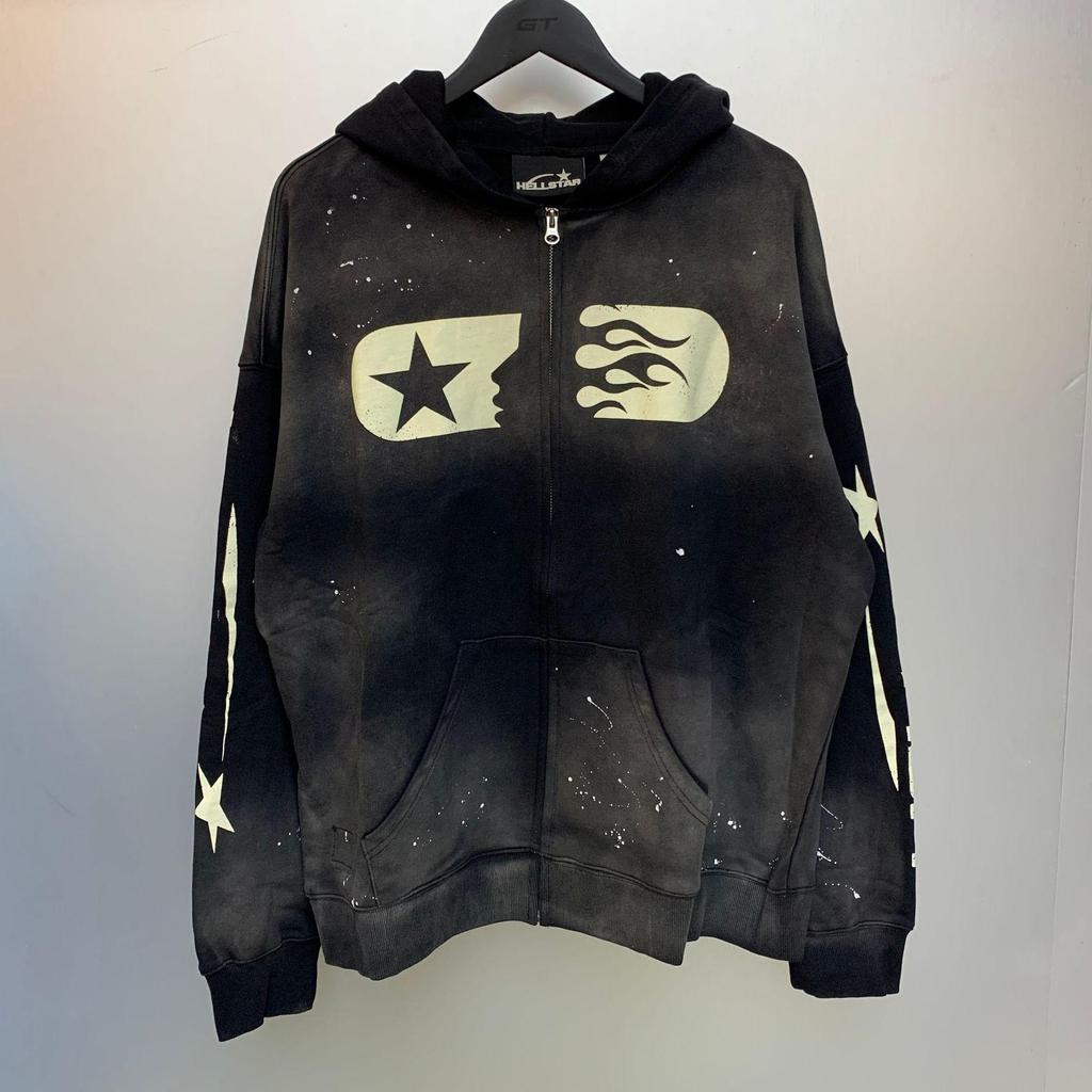 Hellstar Distressed Retro Loose Zipper Pure Cotton Hoodie - American Hip Hop Style