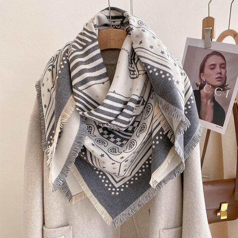 Polka Dot Cashew Scarf Geometric Line Splicing Shawl Women'S Imitation Cashmere Warm Square Scarf
