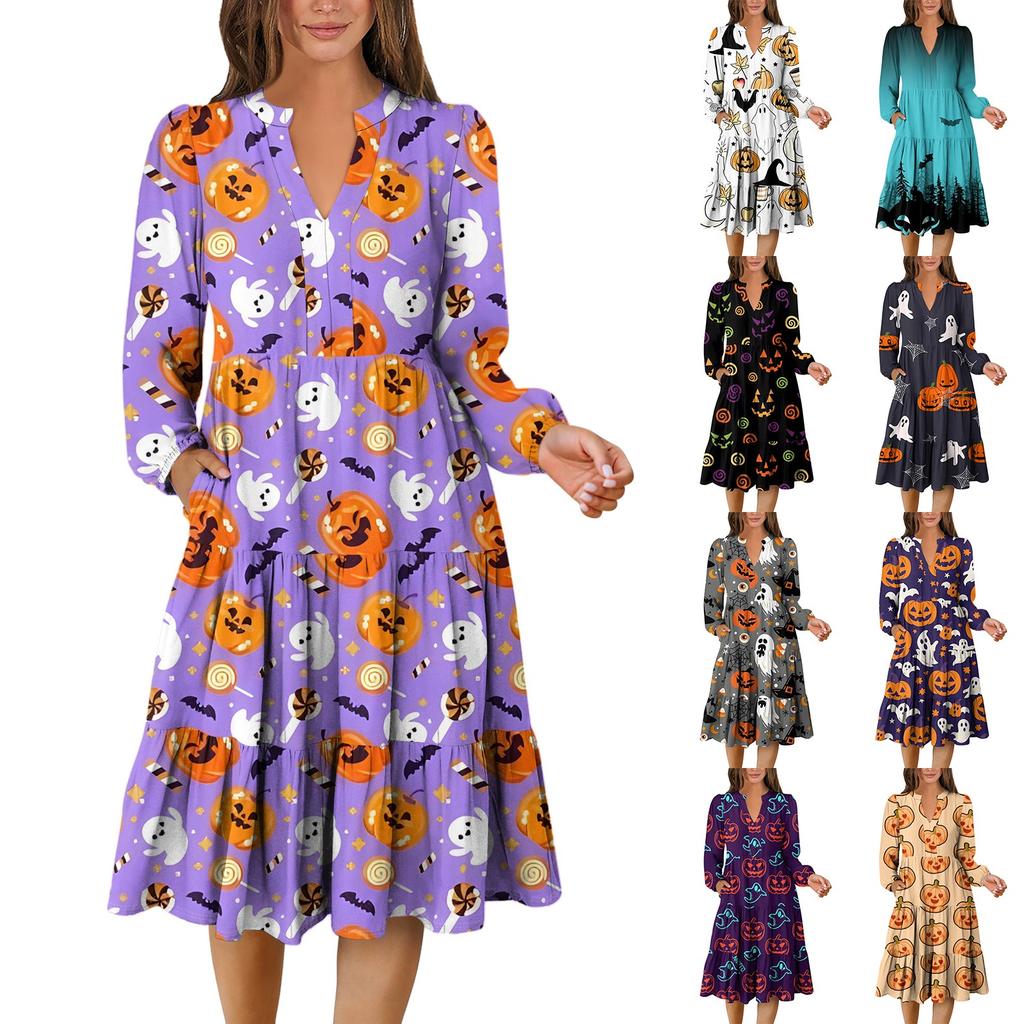 Women's V-Neck Flowing Layered Bohemian Long Sleeve Halloween Print Dress
