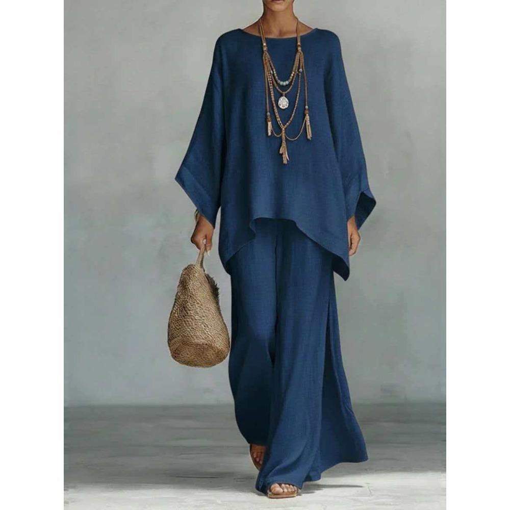 Europe, America, women's simple loose linen blend shirt wide-leg pants set