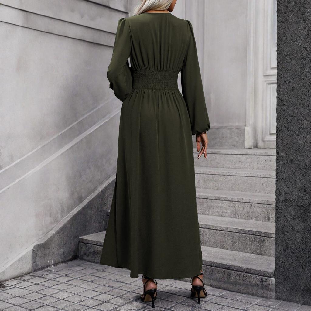 Women's Fashionable Solid Color V-neck Long Sleeved Slit Dress