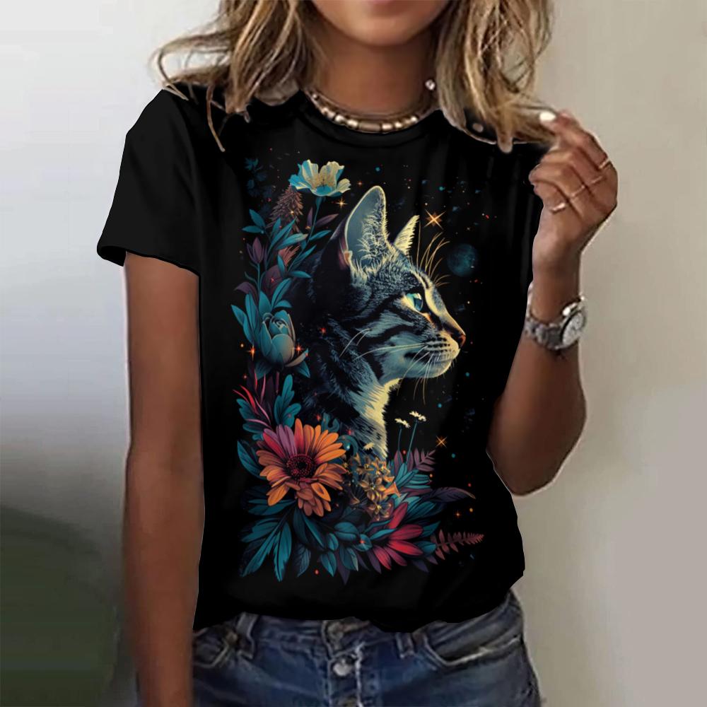 Летняя женская футболка с коротким рукавом и круглым вырезом, с принтом в виде черной кошки, футболка, пуловер, топ, модная уличная женская одежда