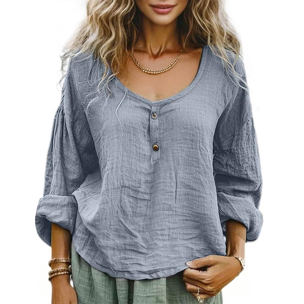 Women's Casual Loose Fashion Long Sleeve Cotton Linen Solid Color Round Neck Button-down Shirt