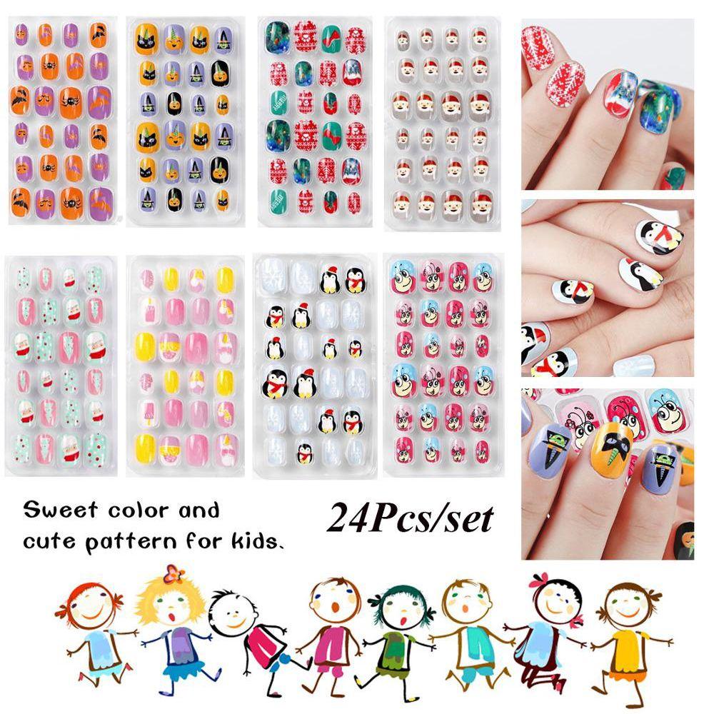 Детские рождественские накладные ногти для маникюра на Хэллоуин, детские накладные ногти с полным покрытием, самоклеящиеся