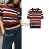 Women's Spring Clothing Preppy Style Athleisure Stripes Round Neck Short Sleeve Fashion Knit Top 0014006