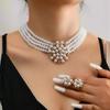 Rhinestone Snowflake Women'S Necklace Earrings Set, Multi-Layer Imitation Pearl Bridal Wedding Accessories Collarbone Chain