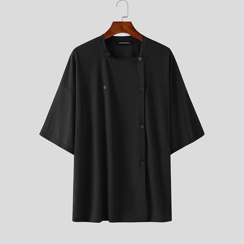 INCERUN Большие летние мужские квадратные воротники с коротким рукавом, регулируемые пуговицы, повседневные свободные топы, футболки