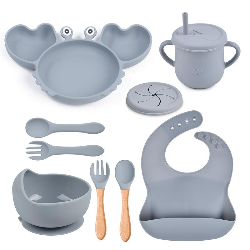 9PCS/Set Baby Silicone Tableware Set Baby Feeding Dishes BPA Free Bowl Plate Bibs Spoon Fork Sets Children Non-slip Dinnerware