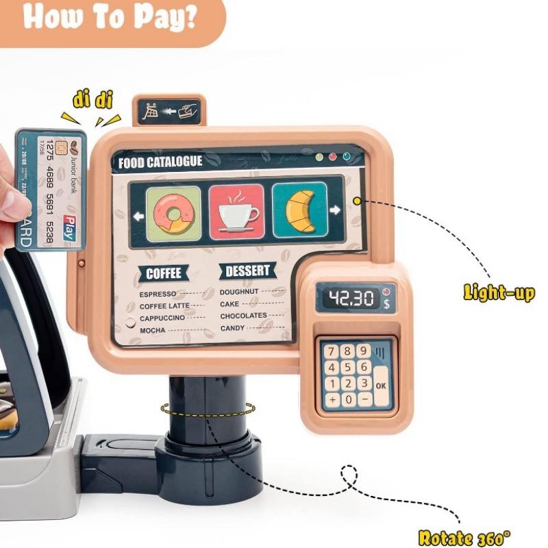 Cash Register Toy for Kids Pretend Play Store with Music Lights Ice Cream Dessert Playset Coffee Machine Kitchen Set for Toddler