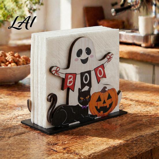 Cute Cartoon Napkin Tray Halloween Ghost Wooden Holder Paper Towel Decorative Holiday Party Dessert Table Decor Stand Freestanding Tissue Dispenser