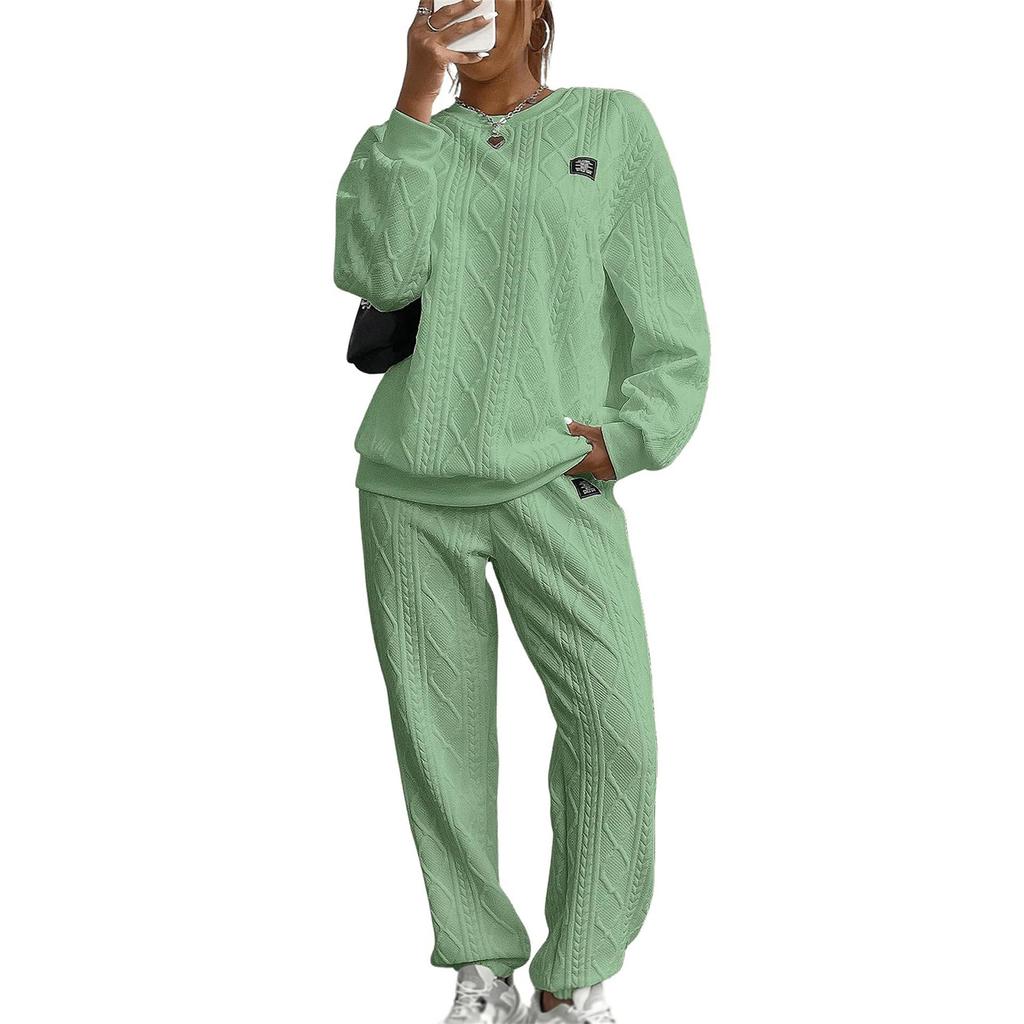 Women's Fashion Color Round Neck Long Sleeve Top Elastic Waist Casual Pants Set