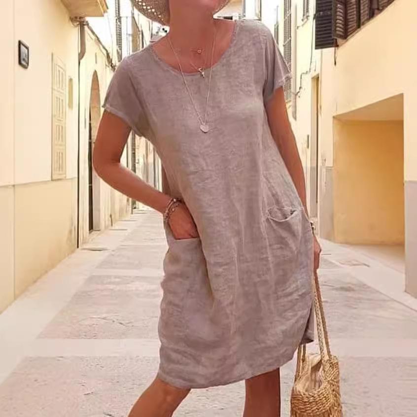 Summer Loose Solid Color Pocket Short Sleeve Crew Neck Dress for Women