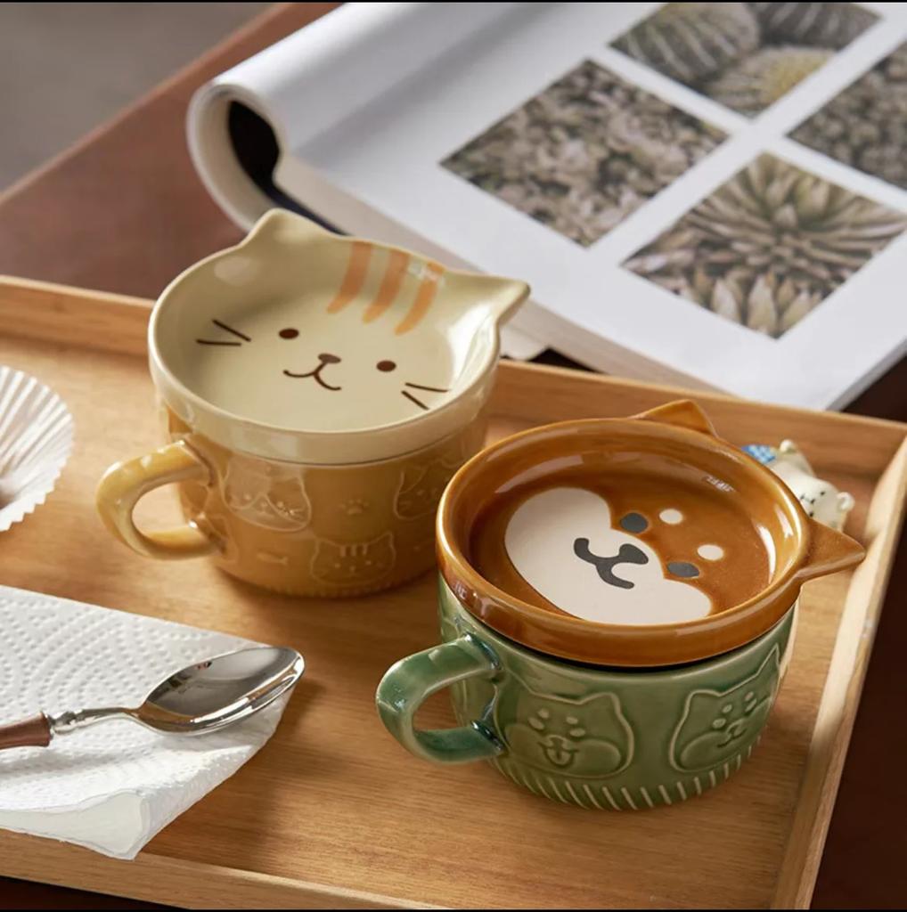Милая керамическая кружка Японская керамическая мультяшная чашка с котом и крышкой Кофейная чашка Милая чашка для завтрака Креативная чашка для кофе с молоком Пара с крышкой