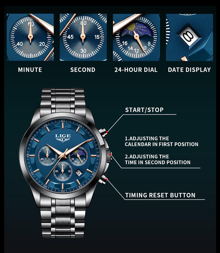 LIGE New Luxury Mens Watches Fashion Business Quartz Wristwatches Sports Waterproof Luminous Steel Watch for Man Reloj Hombre