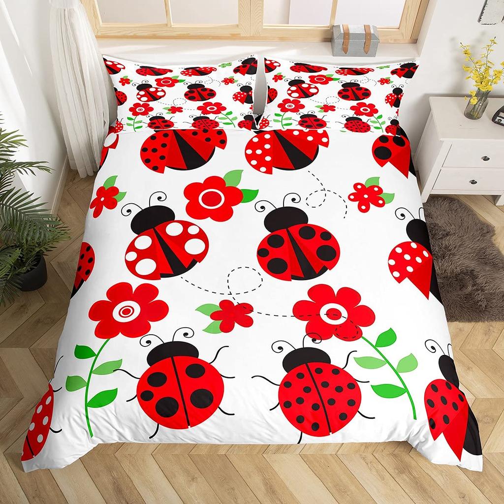Ladybug Comforter Cover Set Ladybug On Green Leaf Duvet Cover Wild Wildlife Theme Microfiber Bedding Set 3pcs for Kids Teens