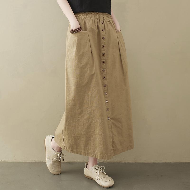 Plus Size Spring Summer Women Midi A-Line Skirt High Waist Black Khaki Coffee Buttons Skirt With Pockets Cotton Linen Simple Skirt
